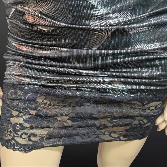 Y2K Trashy Mcbling Mini Dress Size M Silver Black metallic Rhinestone Lace Trim - Picture 4 of 10